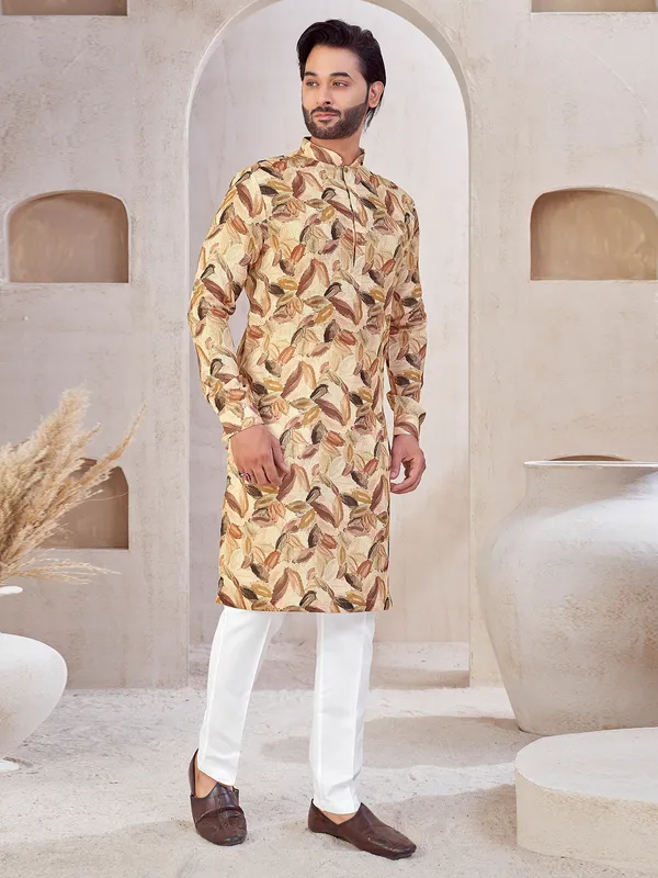 Peach cotton printed kurta suit for festivals