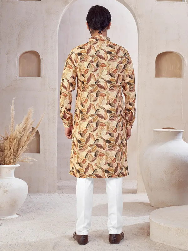 Peach cotton printed kurta suit for festivals