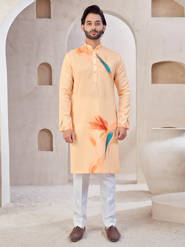Peach cotton printed kurta suit for men