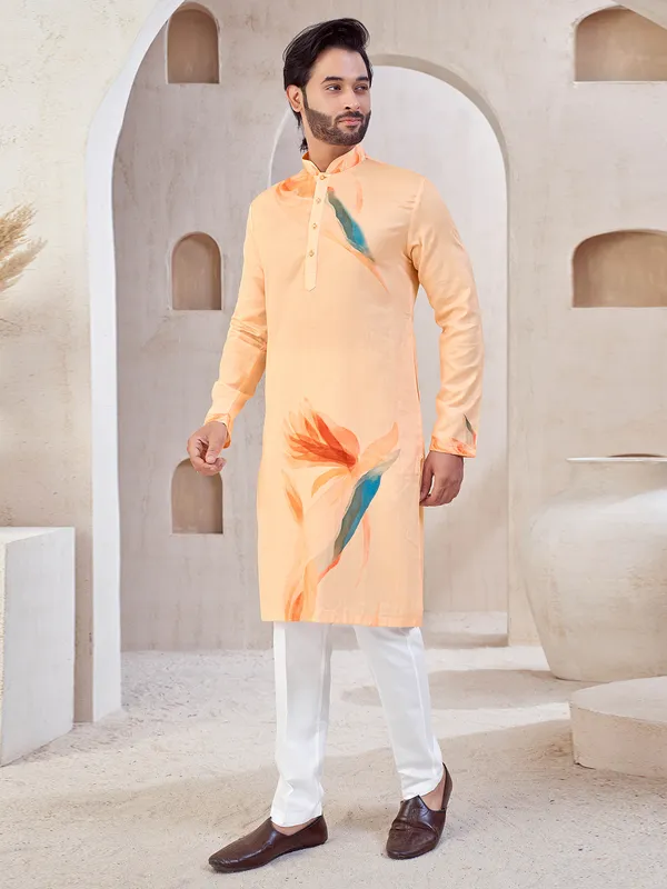 Peach cotton printed kurta suit for men