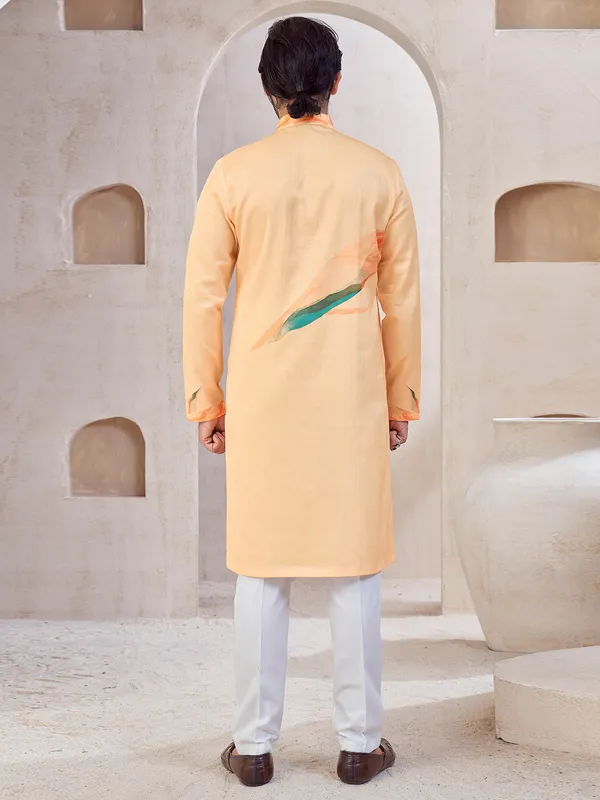 Peach cotton printed kurta suit for men