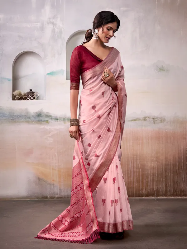 Peach cotton saree with bold maroon border