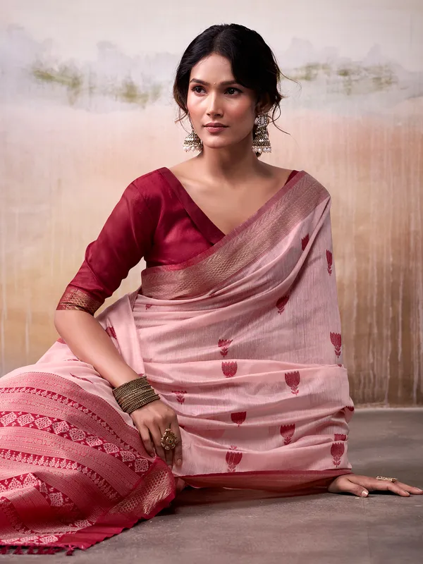 Peach cotton saree with bold maroon border