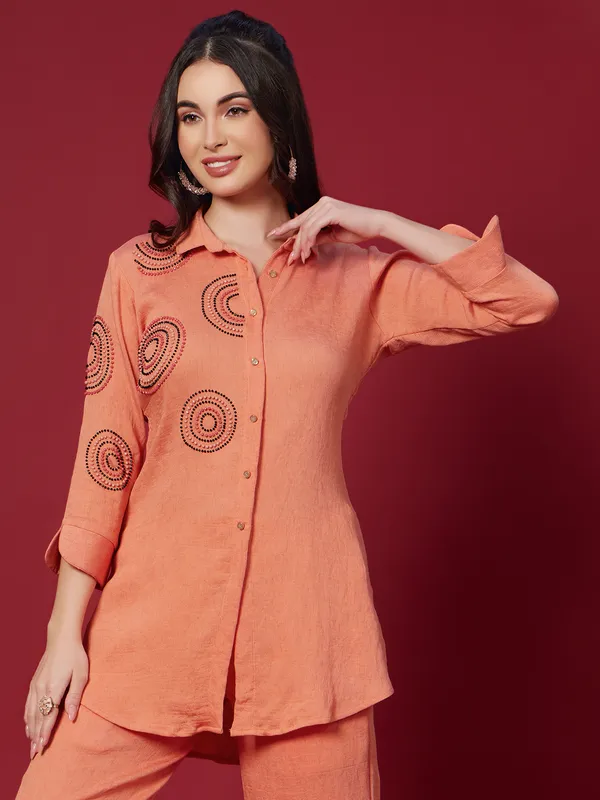 Peach cotton silk co ord set for women
