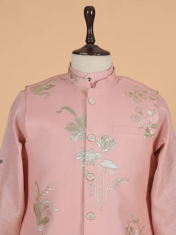 Peach cotton silk kurta jacket set for festival