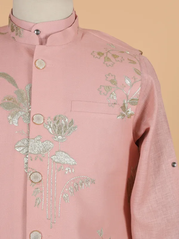 Peach cotton silk kurta jacket set for festival