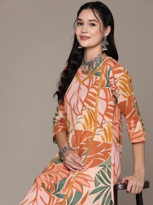 Peach cotton silk kurti set for women