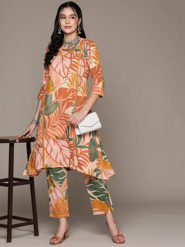 Peach cotton silk kurti set for women