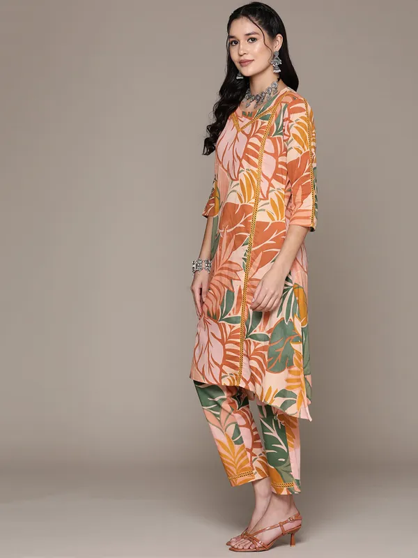 Peach cotton silk kurti set for women