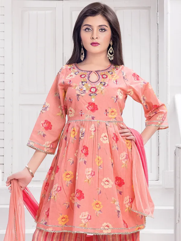 Peach cotton silk palazzo suit with print