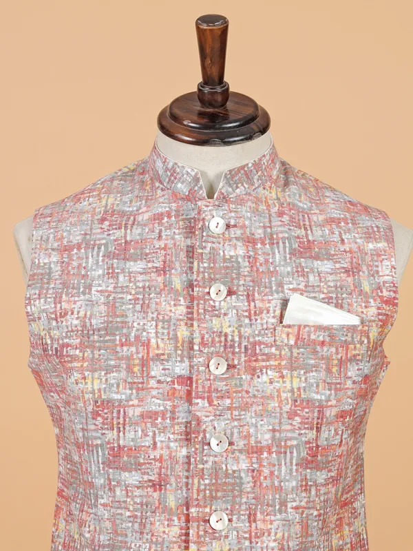 Peach cotton silk printed waistcoat for men