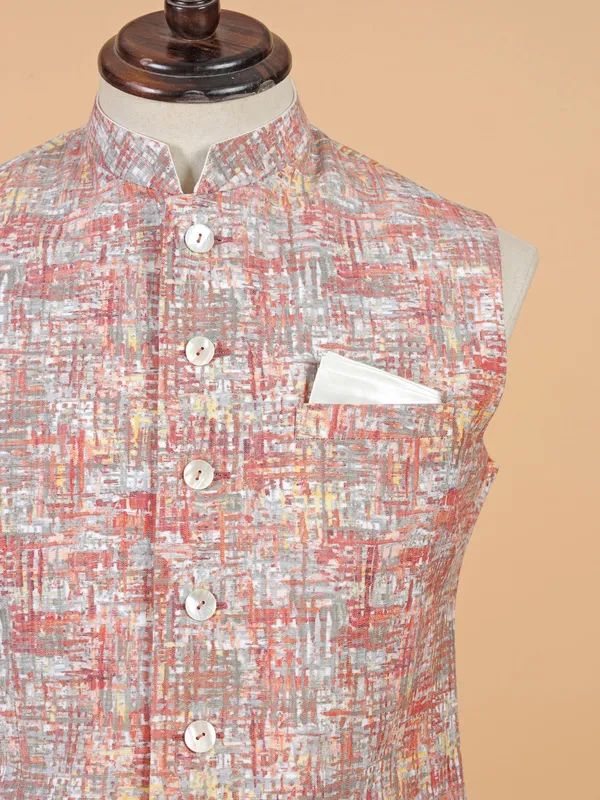 Peach cotton silk printed waistcoat for men