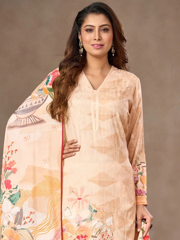Peach cotton silk salwar suit with thread weaving
