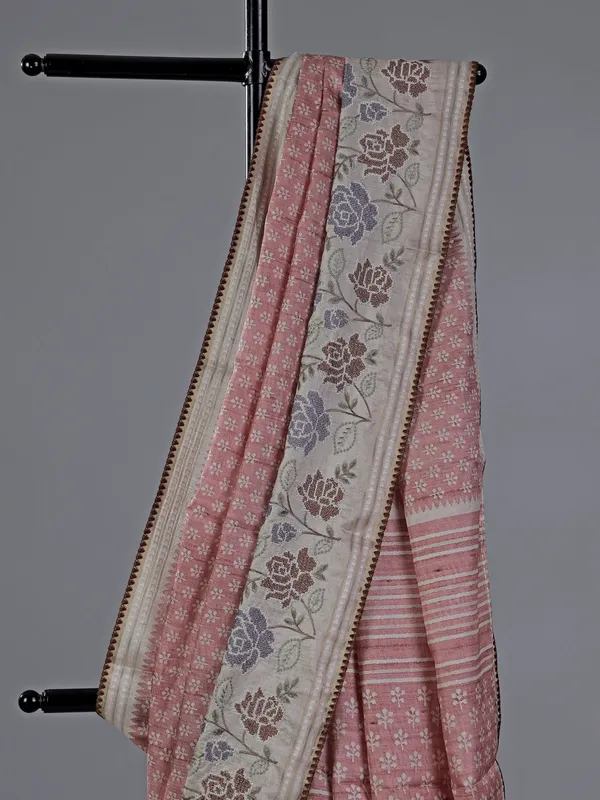 Peach cotton silk saree with printed weaving