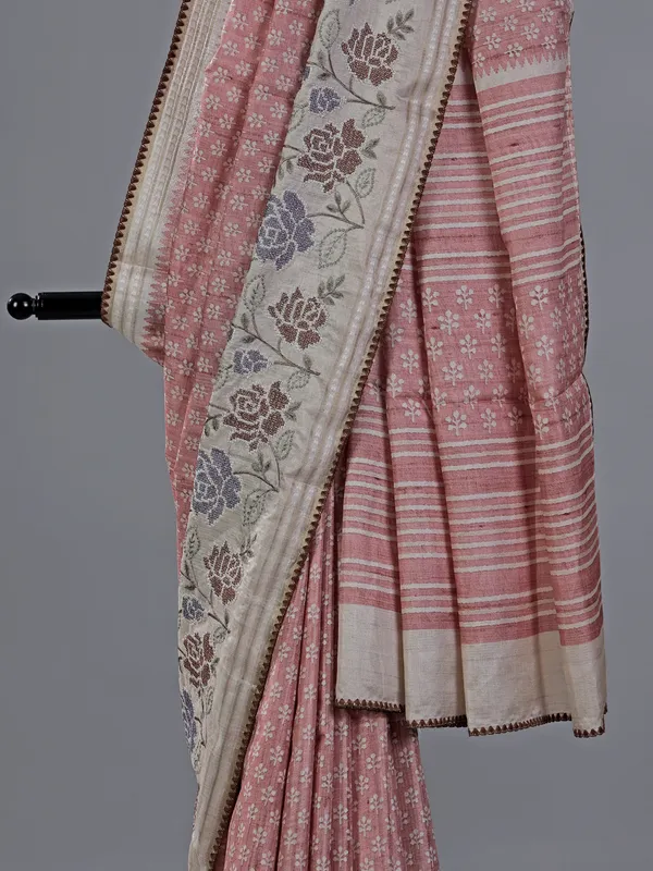 Peach cotton silk saree with printed weaving