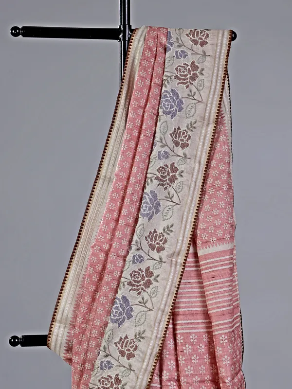 Peach cotton silk saree with printed weaving