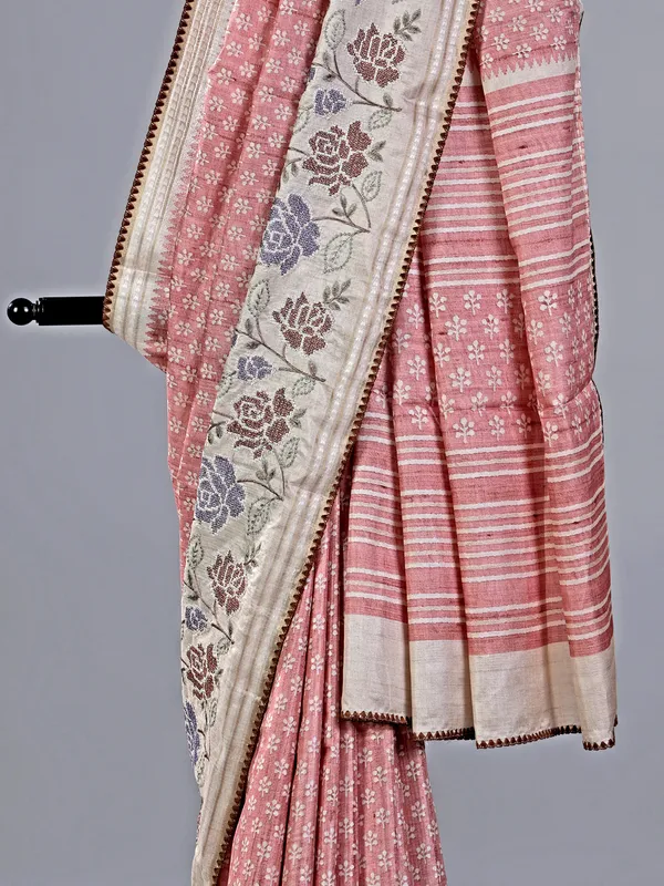 Peach cotton silk saree with printed weaving