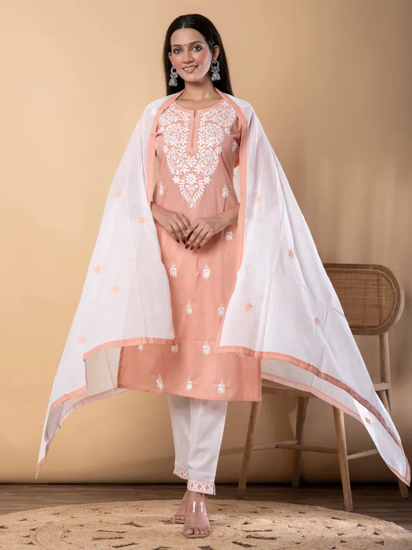 Peach cotton straight cut kurti set
