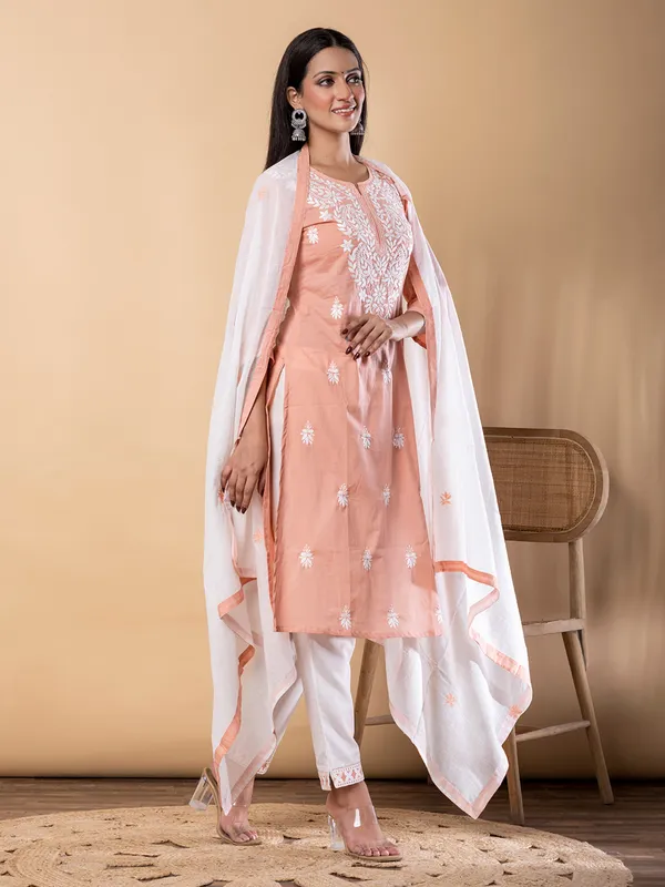 Peach cotton straight cut kurti set