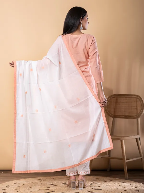 Peach cotton straight cut kurti set