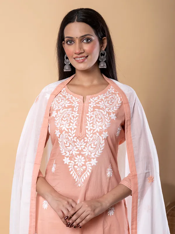 Peach cotton straight cut kurti set