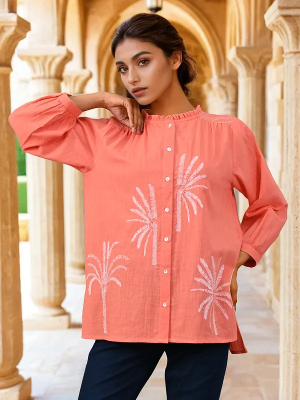 Peach cotton top with thread work