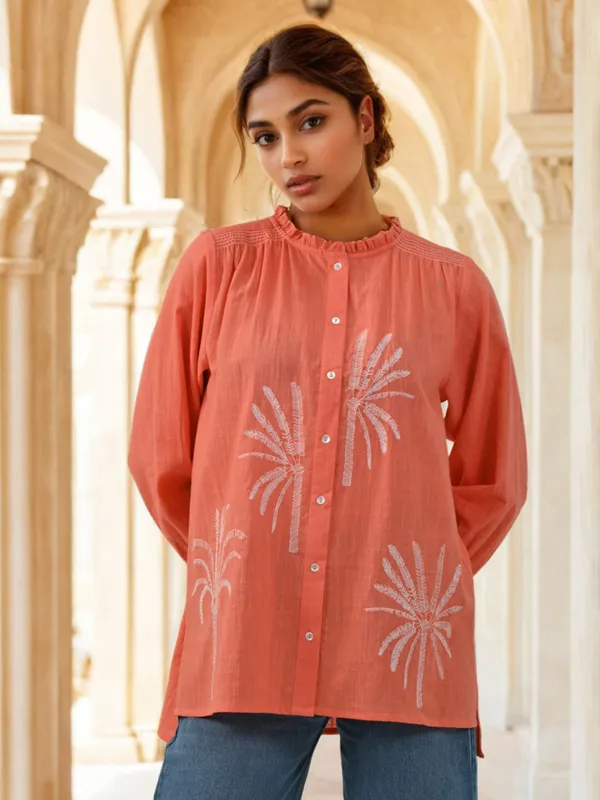 Peach cotton top with thread work