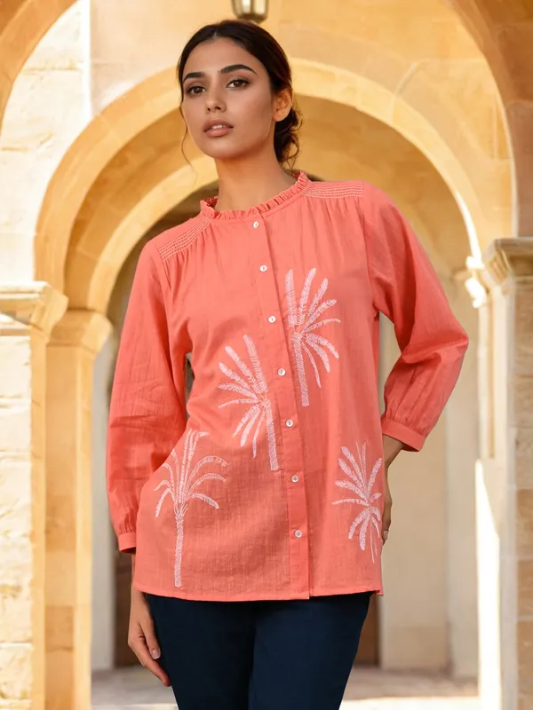 Peach cotton top with thread work