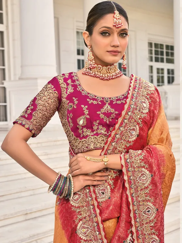 Peach crape saree for wedding and festive