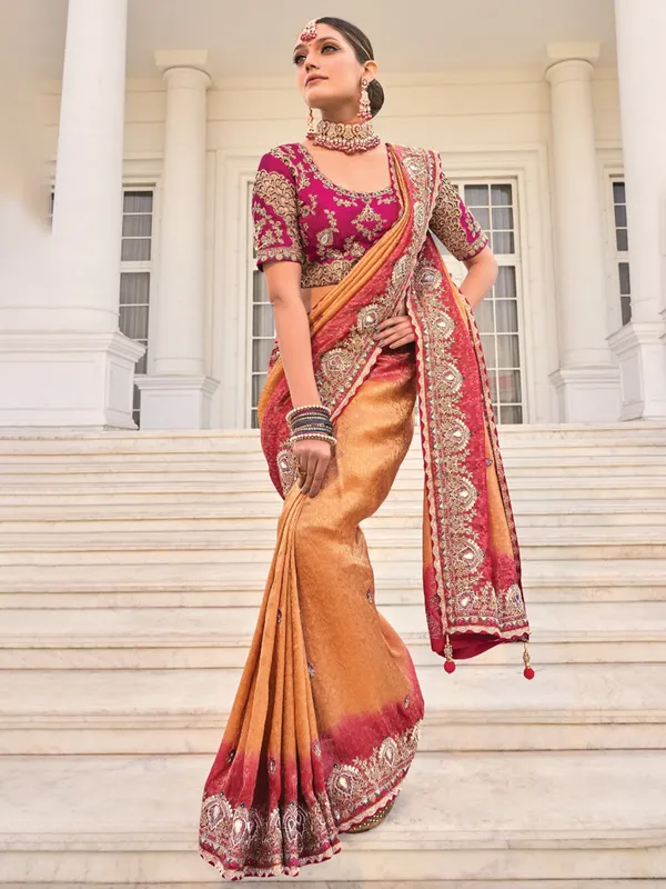 Peach crape saree for wedding and festive