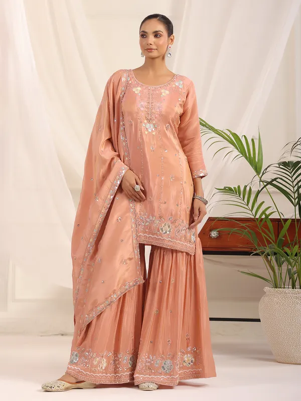 Peach crepe silk pakistani festive sharara kurti set