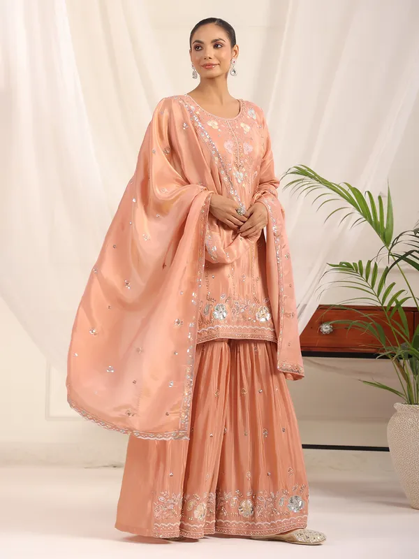 Peach crepe silk pakistani festive sharara kurti set