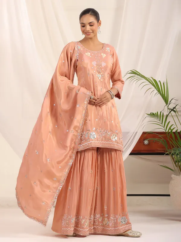 Peach crepe silk pakistani festive sharara kurti set