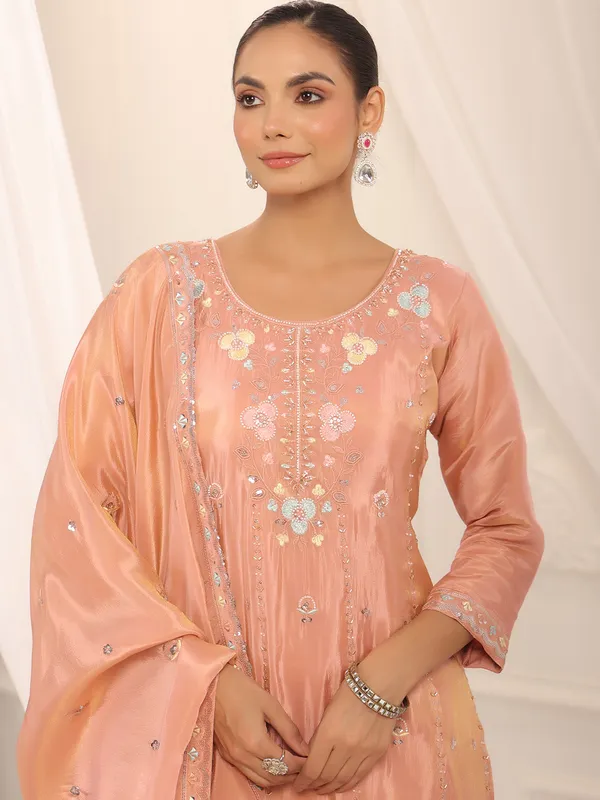 Peach crepe silk pakistani festive sharara kurti set