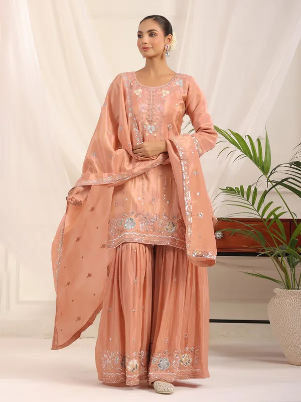 Peach crepe silk pakistani festive sharara kurti set