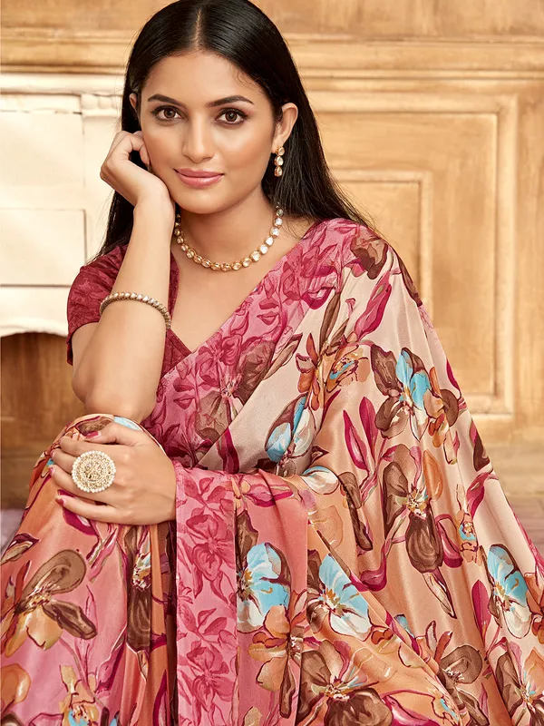 Peach crepe saree with wine border