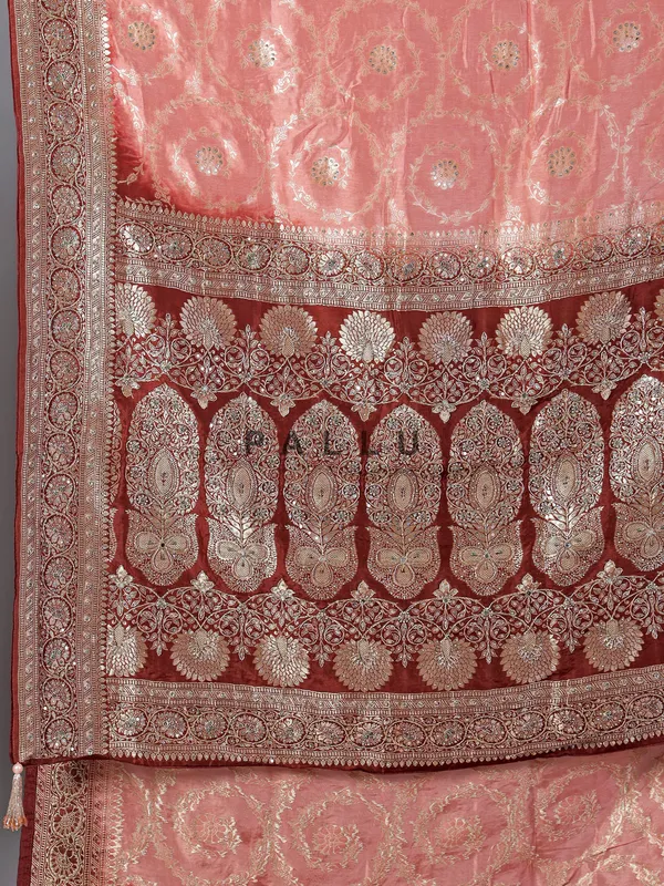 Peach dola silk saree with zardosi work