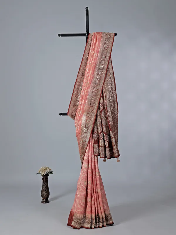 Peach dola silk saree with zardosi work