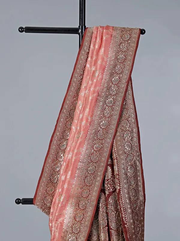Peach dola silk saree with zardosi work