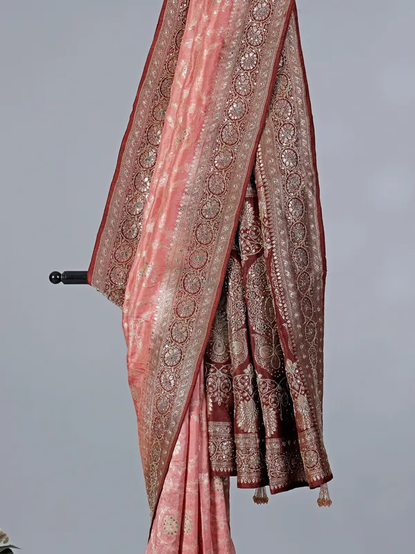 Peach dola silk saree with zardosi work