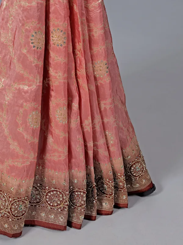 Peach dola silk saree with zardosi work