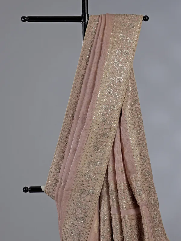 Peach dola silk unstitched saree with zardosi work