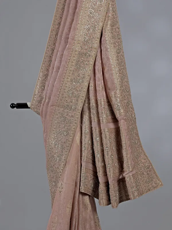 Peach dola silk unstitched saree with zardosi work