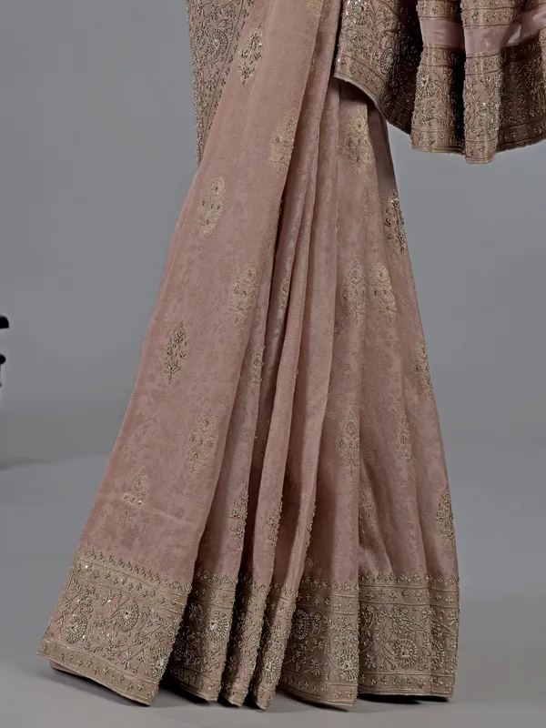 Peach dola silk unstitched saree with zardosi work