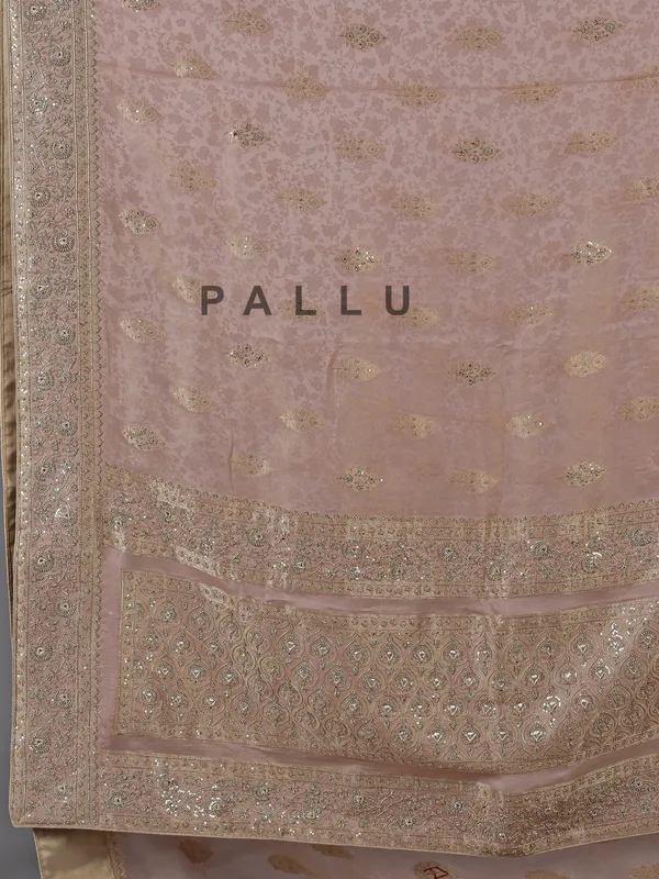 Peach dola silk unstitched saree with zardosi work