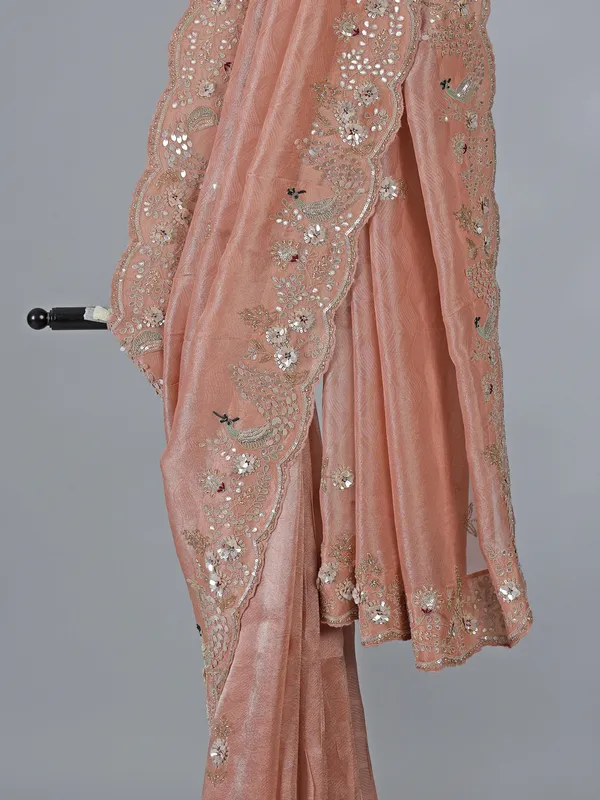 Peach dola tissue silk saree with diamond detailing