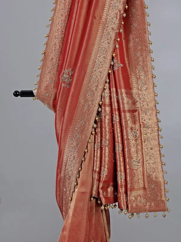 Peach dola tissue silk saree with zardosi work