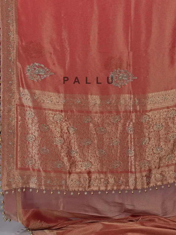 Peach dola tissue silk saree with zardosi work