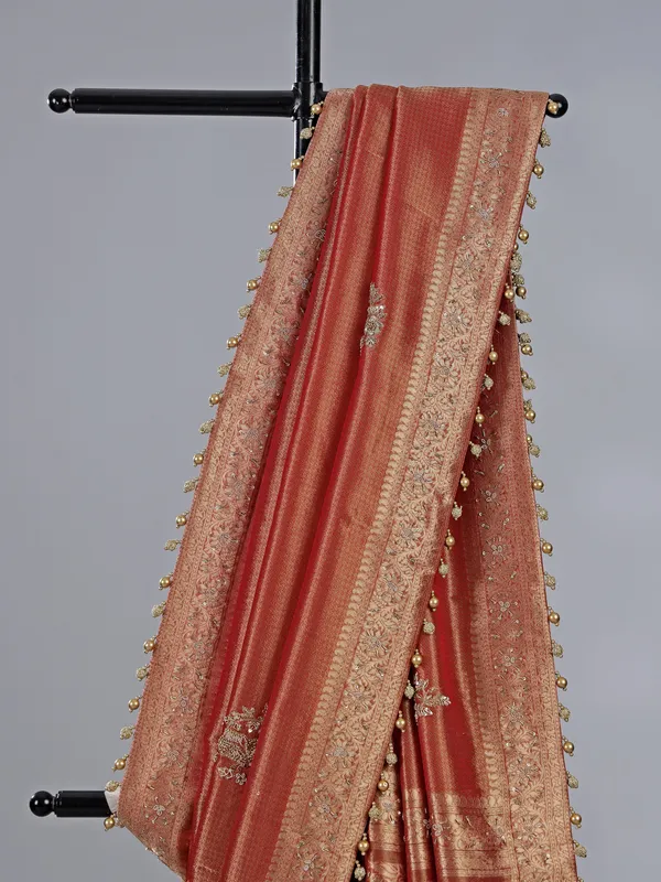 Peach dola tissue silk saree with zardosi work