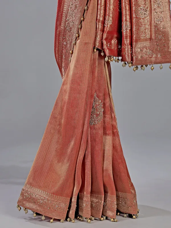 Peach dola tissue silk saree with zardosi work